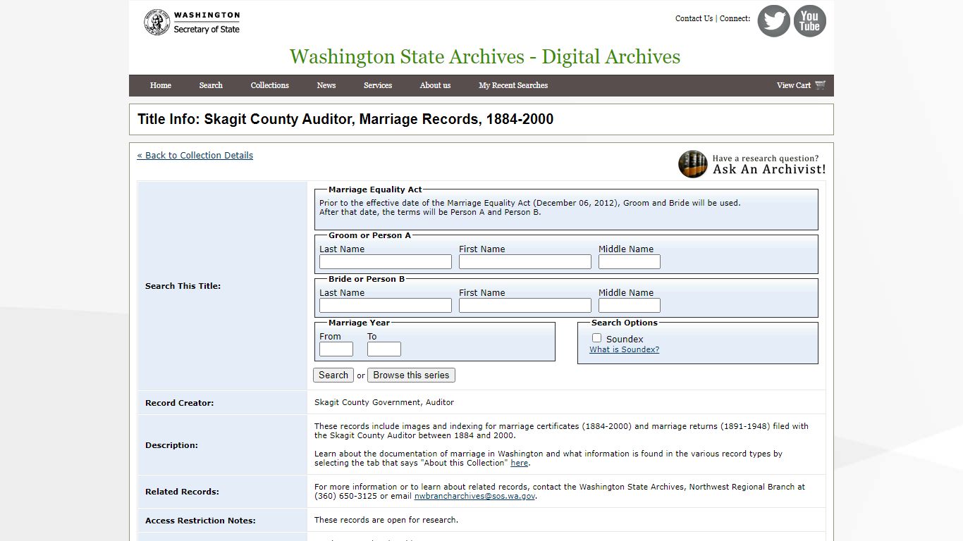 Title Info: Skagit County Auditor, Marriage Records, 1884-2000